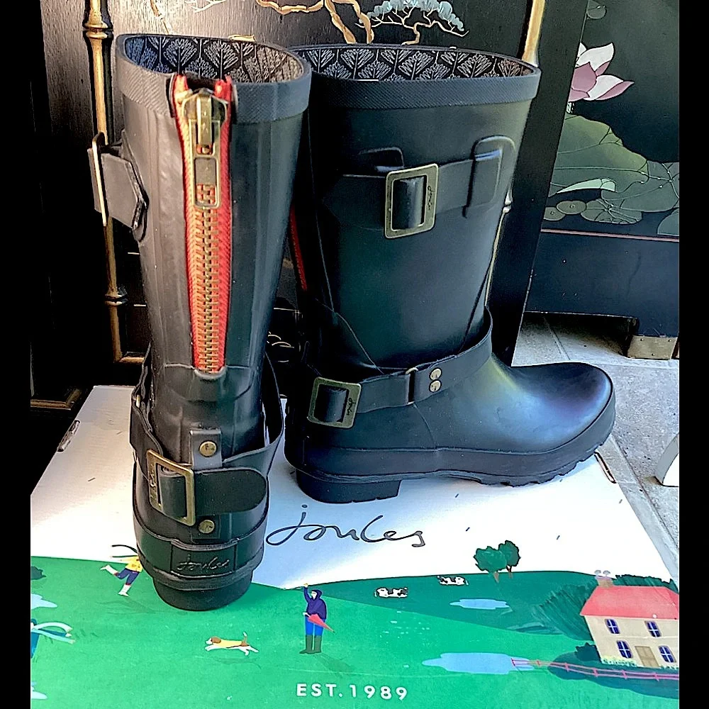 Joules Black Rain Boots with Red Zipper & buckles